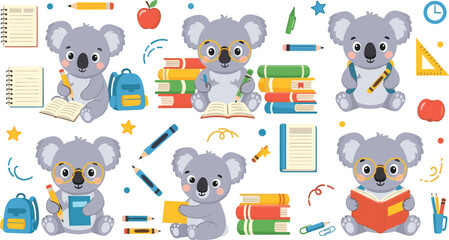 Cute Koala Student Cartoon Character Set with Books Backpack Glasses Pencils and School Education Elements for Learning Vector Illustration Collection © Sanjida