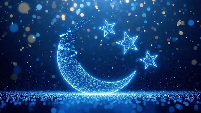 Glowing crescent moon and stars shine brightly in a dark blue night sky with sparkling particles