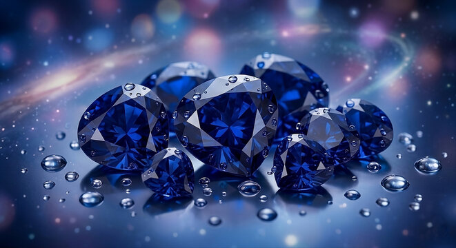 Deep Blue Sapphire Gemstones with Water Drops and Cosmic Background
우주빛 배경과 물방울이 있는 딥 블루 사파이어 보석