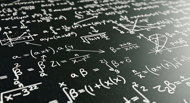 A close-up view of complex mathematical equations and formulas written on a blackboard in a classroom setting with a chalkboard background.
