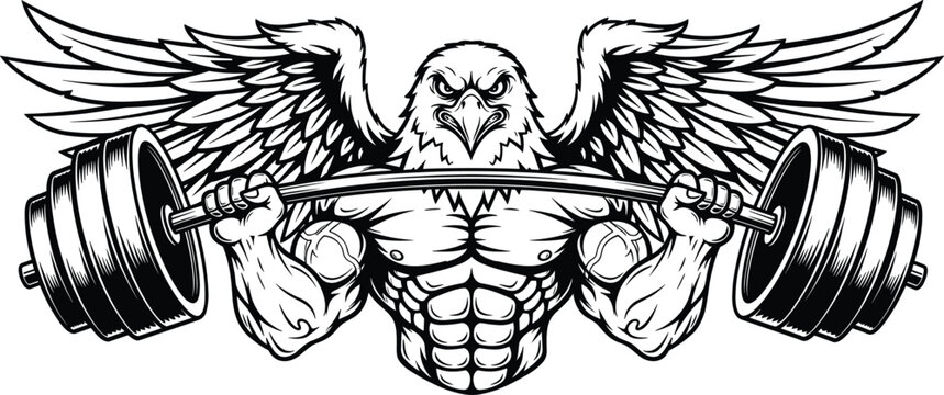 Muscular Eagle Mascot Character Lifting Heavy Barbell with Large Weights, Strong Bodybuilder Bird with Wings for Gym Fitness Logo, Powerlifting and Bodybuilding Illustration.