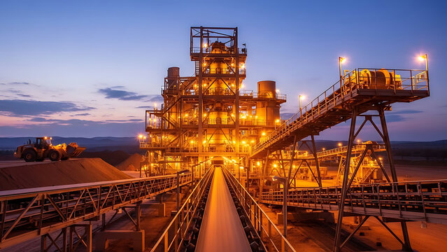 Massive mining and processing facility brightly illuminated at dusk, featuring intricate conveyor belts and heavy machinery, representing intensive industrial operations and resource production