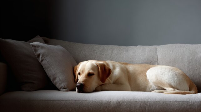 Modern living room interior with cute Golden Labrador Retriever resting on couch