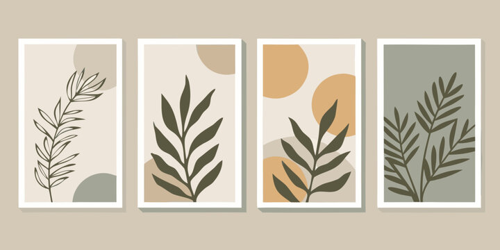 Abstract botanical wall art featuring minimalist shapes and leafy illustrations