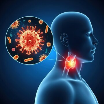 Illustration of a person with a highlighted throat infection and bacteria.