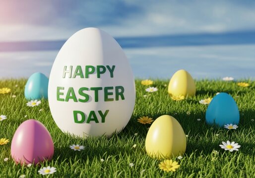 Colorful easter eggs on green grass with flowers and blue sky