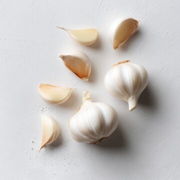 Flat lay composition with garlic cloves on light background