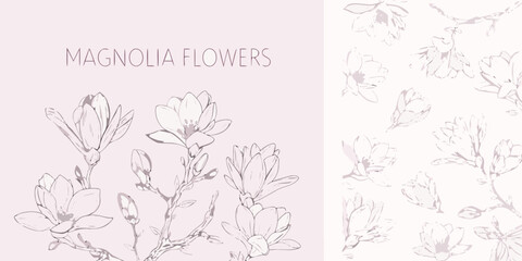 Delicate magnolia flowers illustrated in a pastel pink and white design © Juel