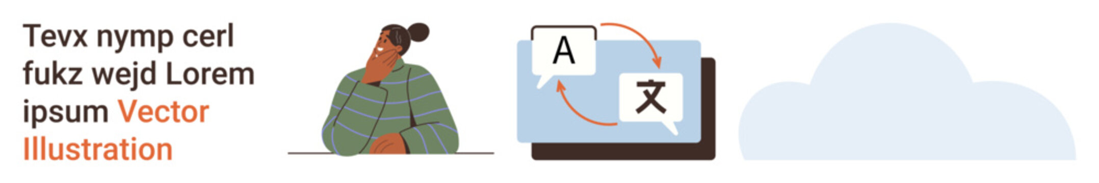 Language learning, communication tools, online translation, global connection, education, cloud services. Woman thinking, language translation icons and cloud graphic. Language learning