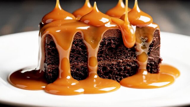A close-up of a chocolate dessert smothered in caramel sauce on a white plate