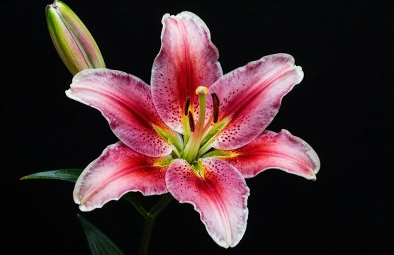 A stunning closeup of a blooming pink tiger lily flower with vibrant petals and green leaves, isolated against a black background to highlight the natural beauty of this floral spring blo