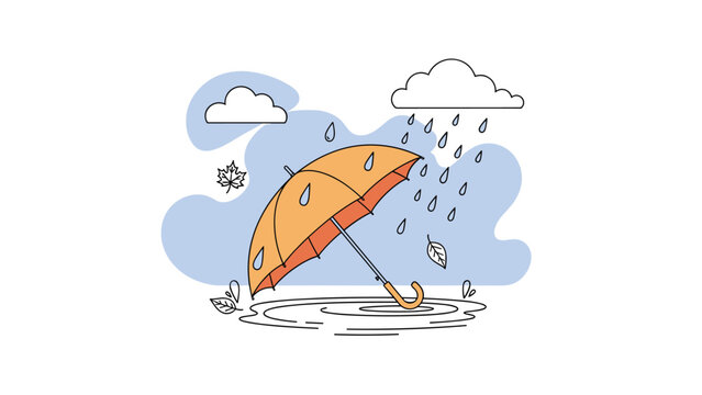 Autumn weather illustration displays an orange umbrella in a puddle with rain falling from clouds and scattered falling leaves.