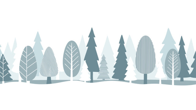 Winter landscape border displays a stylized row of evergreen and deciduous trees in shades of blue and white on a snowy ground.
