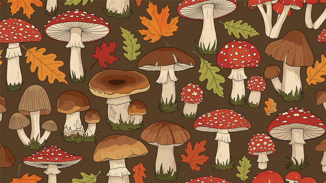Vibrant autumn pattern is filled with various wild mushrooms like fly agarics and porcinis, scattered with orange and green leaves.