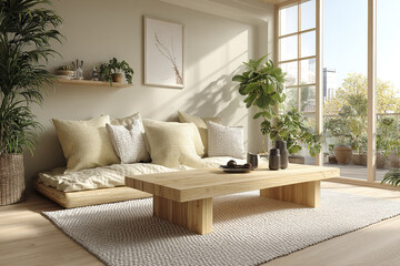 Fototapeta premium Modern Japandi living room with wooden coffee table, tatami seating, neutral cushions, indoor plants, and large windows letting in natural light, creating calm and cozy atmosphere
