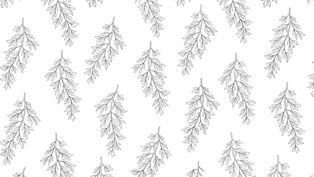 Elegant seamless pattern displays a repeated arrangement of grey leaf branches and sprigs in a clean and modern illustrative style.