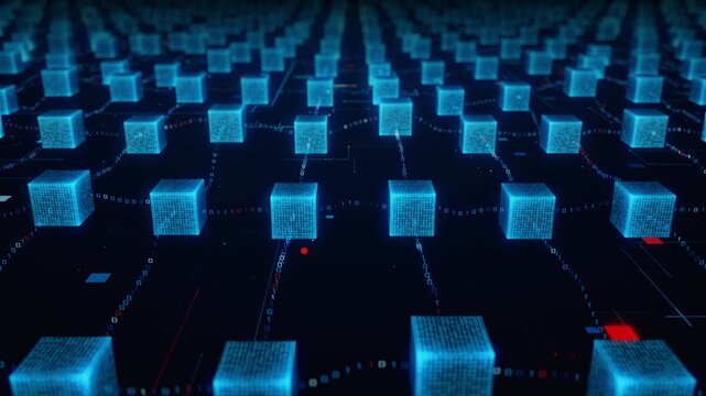 Blockchain Network Technology Background with Connected Data Cubes, Digital Ledger Blocks and Binary Data Flow for Cryptocurrency, Cyber Security, Fintech, Big Data and Decentralized Systems