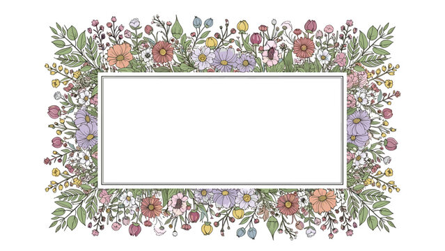 Lush rectangular floral border features a dense variety of colorful meadow wildflowers and green leaves around a central text space.
