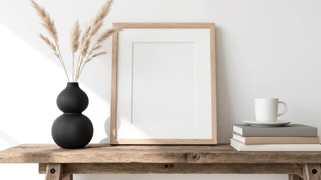 Empty frame on rustic shelf.