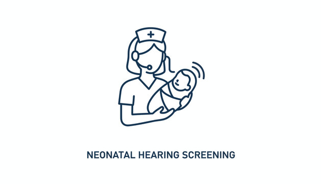 Neonatal Hearing Screening Icon: Nurse Holding Baby with Sound Waves