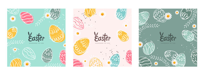 Naklejka premium Set of Happy easter banner background with typography Cute hand drawn easter eggs spring time nature, fun easter decoration. Horizontal poster, greeting card.