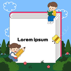 Educational square background template featuring cute children reading and writing around a giant open book in a cheerful flat vector cartoon style.