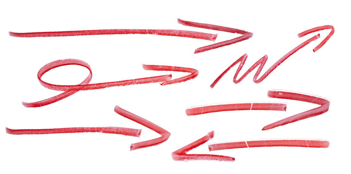 hand drawn red marker arrow set PNG  isolated with clipping path on background. marker drawn arrows, swirls and scribbled shapes. curvy directional pointers on white background.
