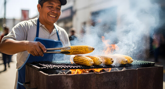 A smiling male vendor using tongs to flip sweet corn cobs over an open fire at an outdoor market