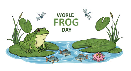 Illustration of a green frog on a lily pad in a pond with fish and a pink flower, surrounded by water lilies and dragonflies, promoting World Frog Day with a natural and serene mood. © Royani