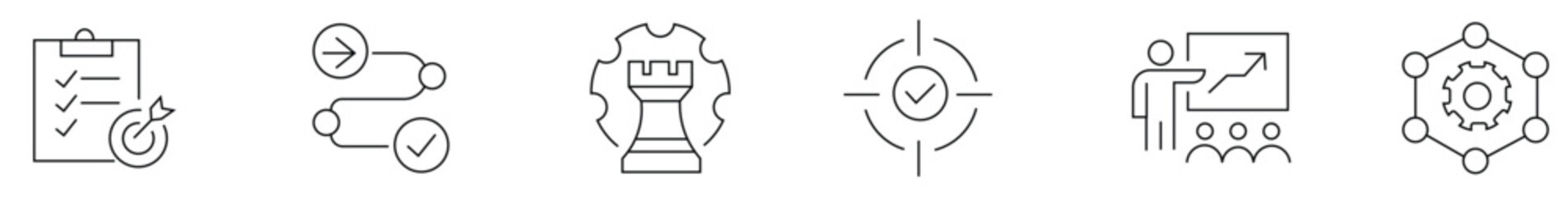 Strategy icon, Roadmap icon, Target icon, Chess rook icon, Gear icon, Training icon, Presentation icon, Process icon, Goal icon, Performance icon, Set © WASIF-MEHMOOD