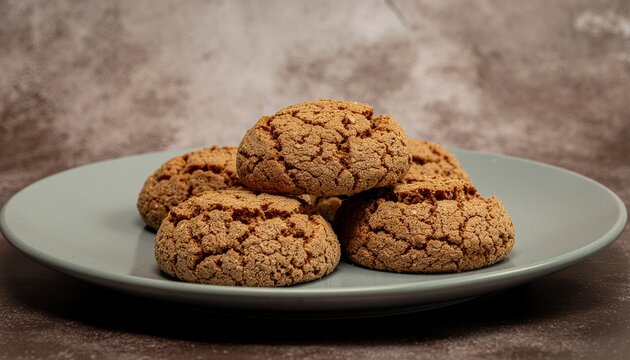 A close-up shot of several freshly baked, crinkled brown cookies stacked on a light blue plate against a textured background.