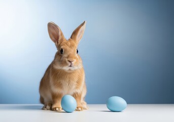Obraz premium Brown bunny with blue easter eggs on a white table against blue background