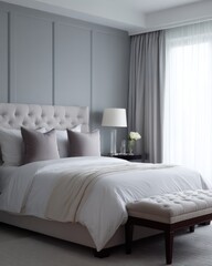 Obraz premium Stylish bedroom interior with large bed and elegant decor