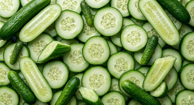 Fresh Cucumber Slices and Whole Cucumbers Background, Organic Green Vegetable
오이 슬라이스와 통 오이 배경, 신선한 유기농 녹색 채소