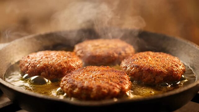 Juicy golden brown patty sizzle in hot oil pan, frying perfectly. Appetizing aroma from delicious cooking meat promises satisfying meal, tender interior evoking delightful comfort