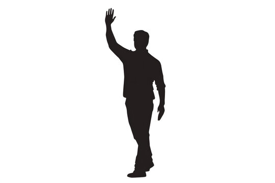 Silhouette of a Man Waving: A striking silhouette of a man walking, his arm raised in a friendly wave, symbolizing greetings, farewells, or a gesture of acknowledgement.