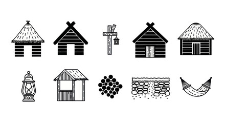 Fototapeta premium Outdoor Living Rustic Village Elements Black and White Line Art Icons