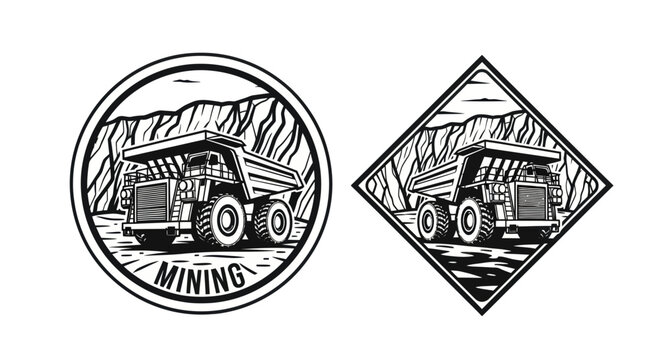 Vintage Mining Haul Truck Emblem Logo Design - Black  White Line Art