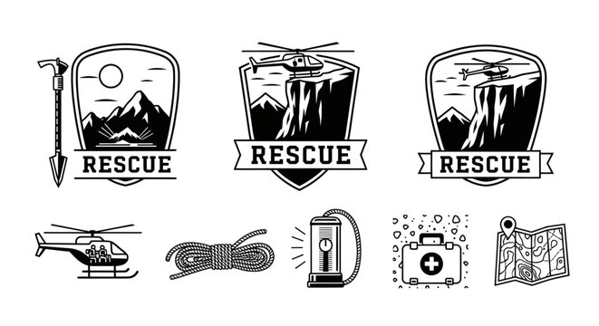Black  White Line Art Rescue Icons  Emblems Set for Mountain Emergency Services