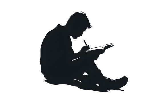 Creative Writer: A silhouette of a focused individual engrossed in the act of writing, pen in hand, as they sit and fill the pages of a notebook, lost in thought. A visual of inspiration, creativity.