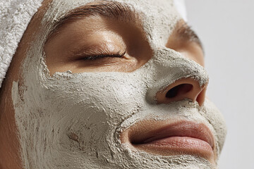 Naklejka premium Close up of woman with clay facial mask and closed eyes enjoying relaxing skincare treatment, highlighting smooth skin texture and natural beauty