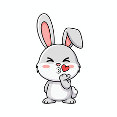 Obraz premium Adorable cartoon bunny with closed eyes blowing a kiss with heart on lips