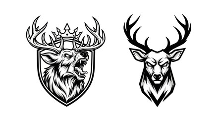 Fototapeta premium Black and White Deer Head Emblem with Crown, Aggressive Pose, Vector Art