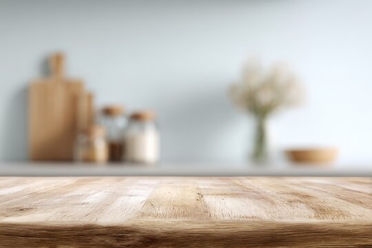 Natural wooden tabletop with blurred kitchen background, advertising mockup base