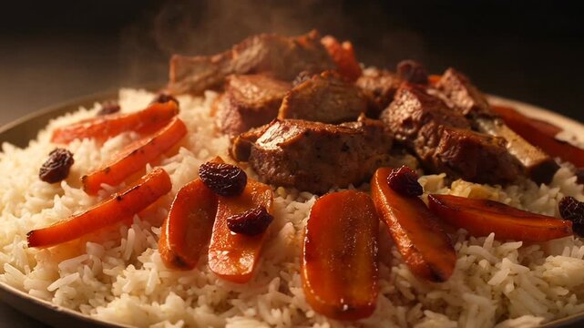 Delicious pilaf, fluffy white rice, tender meat lamb or beef, sweet carrot, dark raisin. Savory food dish, traditional meal with hearty couscous, inviting cuisine for comfort, satisfaction