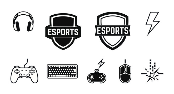 Esports Icons: Headset, Shields, Controller, Keyboard, Mouse, Lightning, Starburst