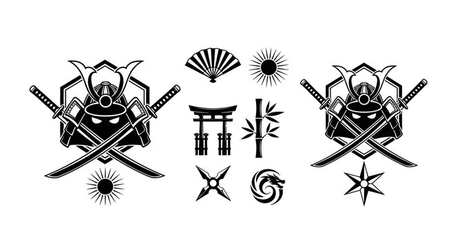 Black Samurai Helmet and Swords Icon Set on White Background
