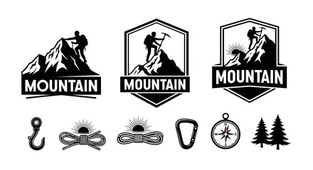 Fototapeta premium Mountain Climbing Logos, Icons and Symbols - Black and White Vector Art