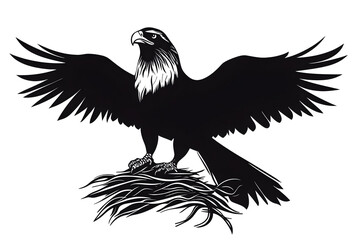 Obraz premium Majestic Eagle in Flight: A powerful eagle with outstretched wings perched atop a meticulously crafted nest, showcasing strength and freedom, the embodiment of American ideals.
