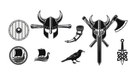 Fototapeta premium Black and White Viking Icons: Helmets, Swords, Ships, Axes, Raven, Horn